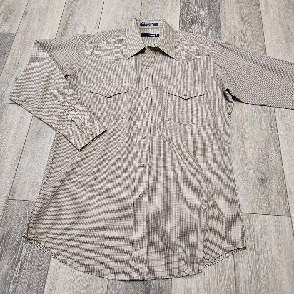 Panhandle Vintage Slim Pearl Snap Tan Plaid Button Up Shirt Men's 16/34 Med